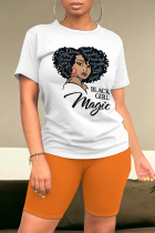 Orange Casual Figure Print Letter Print O Neck Short Sleeve Two Pieces
