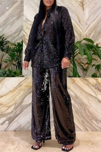Black Casual Solid Color Sequins Patchwork Turndown Collar Long Sleeve Two Pieces