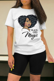 Beige Casual Figure Print Letter Print O Neck Short Sleeve Two Pieces