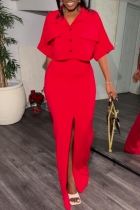 Red Casual Solid Color Pocket Slit Turndown Collar Half Sleeve Two Pieces