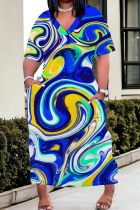 Blue Casual Print Pocket Patchwork V Neck Straight Plus Size Dresses