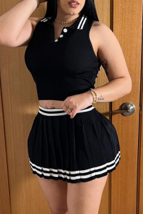 Black Daily Buckle Pleated Patchwork Turndown Collar Sleeveless Two Pieces