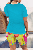Yellow Casual Gradient Print Letter Print Contrast O Neck Short Sleeve Two Pieces