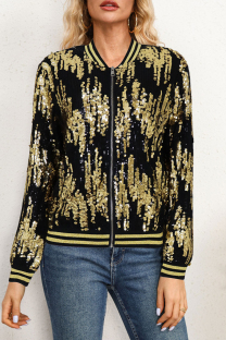 Gold Street Sequins Patchwork Zipper O Neck Outerwear