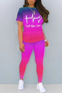 Rose Red Casual Daily Gradient Print Letter Print Contrast O Neck Short Sleeve Two Pieces
