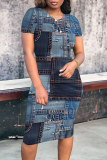 Gray Blue Casual Street Faux Denim Print Contrast O Neck Printed Short Sleeve Dress