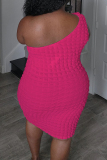 Blue Sexy Solid Color Backless Patchwork Oblique Collar Wrapped Skirt Plus Size Dresses