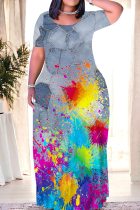 Gray Blue Casual Street Gradient Faux Denim Print Contrast O Neck Printed Dresses