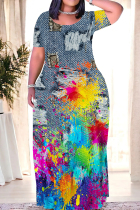 Colorful Blue Casual Street Gradient Faux Denim Print Contrast O Neck Printed Dresses
