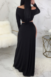 Black Sexy Solid Color High Slit Patchwork Off Shoulder Long Sleeve Two Pieces