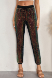 Black Street Sequins Draw String Patchwork Skinny Mid Waist Pencil Patchwork Bottoms