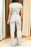 White Casual Daily Geometric Print Pocket Contrast O Neck Short Sleeve Two Pieces