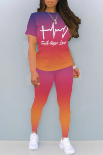 Red Orange Casual Daily Gradient Print Letter Print Contrast O Neck Short Sleeve Two Pieces