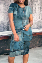 Colorful Blue Casual Street Faux Denim Print Contrast O Neck Printed Short Sleeve Dress