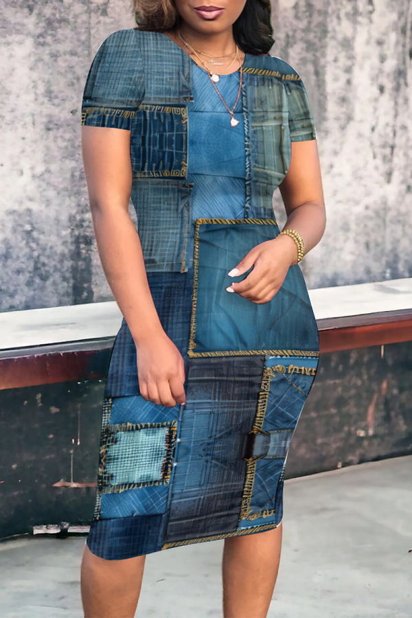 Royal Blue Casual Street Faux Denim Print Contrast O Neck Printed Short Sleeve Dress