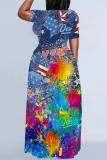 Gray Blue Casual Street Gradient Faux Denim Print Contrast O Neck Printed Dresses