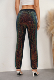 Black Street Sequins Draw String Patchwork Skinny Mid Waist Pencil Patchwork Bottoms