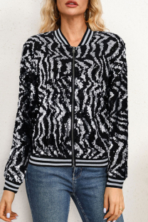 Black Silver Street Sequins Patchwork Zipper Zipper Collar Outerwear