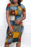 Gray Blue Casual Street Faux Denim Print Contrast O Neck Printed Short Sleeve Dress