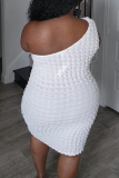 Blue Sexy Solid Color Backless Patchwork Oblique Collar Wrapped Skirt Plus Size Dresses