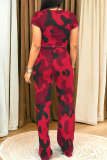 Red Casual Street Camouflage Print Letter Print Pocket O Neck Short Sleeve Two Pieces