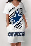Baby Blue Casual The stars Letter Print Pocket V Neck Printed Plus Size Dresses
