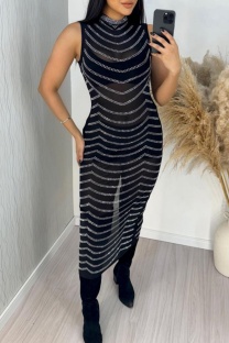 Black Sexy Hot Drilling Patchwork See-Through Slit Half A Turtleneck One Step Skirt Dresses
