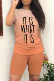 Multicolor Casual Daily Gradient Print Letter Print O Neck Short Sleeve Two Pieces