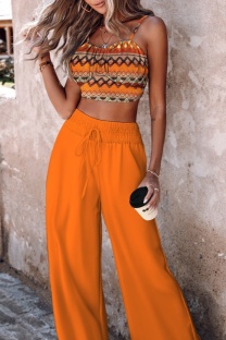Orange Casual Print Vests Pants Spaghetti Strap Sleeveless Two Pieces