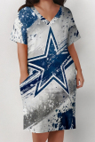 Baby Blue Casual The stars Letter Print Pocket V Neck Printed Plus Size Dresses