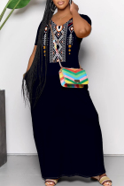 Navy Blue Casual Geometric Print Pocket V Neck Printed Dresses