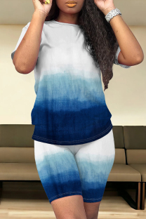 Blue White Casual Print Patchwork O Neck Short Sleeve Two Pieces