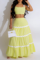 Yellow Celebrities Patchwork Backless Ruched Square Neck Sleeveless Two Pieces