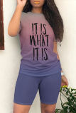 Multicolor Casual Daily Gradient Print Letter Print O Neck Short Sleeve Two Pieces