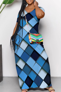 Blue Casual Print Pocket Patchwork V Neck Long Dresses