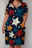 Baby Blue Casual The stars Letter Print Pocket V Neck Printed Plus Size Dresses