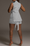 Grey Casual Solid Color Patchwork O Neck Sleeveless Two Pieces