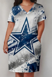 Baby Blue Casual The stars Letter Print Pocket V Neck Printed Plus Size Dresses