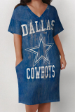 Baby Blue Casual The stars Letter Print Pocket V Neck Printed Plus Size Dresses