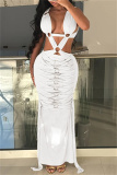 White Sexy Hot Solid Color Patchwork Backless Long Dresses