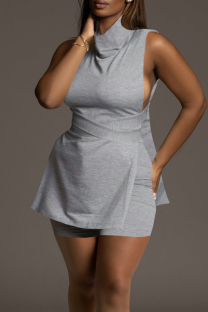 Grey Casual Solid Color Patchwork O Neck Sleeveless Two Pieces
