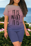 Multicolor Casual Daily Gradient Print Letter Print O Neck Short Sleeve Two Pieces