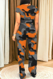 Red Casual Street Camouflage Print Letter Print Pocket O Neck Short Sleeve Two Pieces