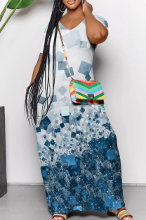 Blue White Casual Print Pocket Patchwork V Neck Long Dresses