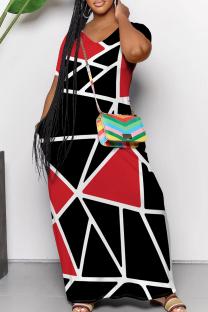 Black Red Casual Print Pocket Patchwork V Neck Long Dresses