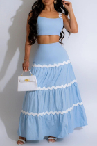 Blue Celebrities Patchwork Backless Ruched Square Neck Sleeveless Two Pieces