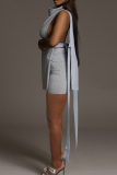 Grey Casual Solid Color Patchwork O Neck Sleeveless Two Pieces