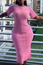 Pink Casual Solid Color Buttons Patchwork O Neck Wrapped Skirt Dresses