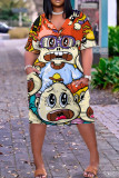Purple Green Casual Cartoon Print Basic V Neck Short Sleeve Plus Size Dresses