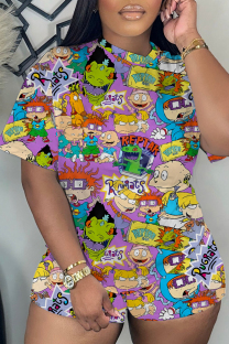 Purple Casual Cartoon Print Basic O Neck Short Sleeve Two Pieces